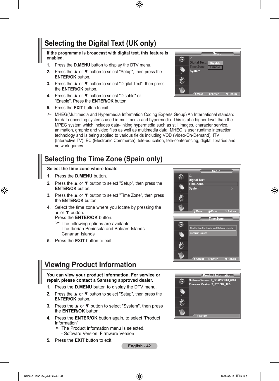 Selecting the digital text (uk only), Selecting the time zone (spain only), Viewing product information | Samsung LE40R88BD User Manual | Page 44 / 560