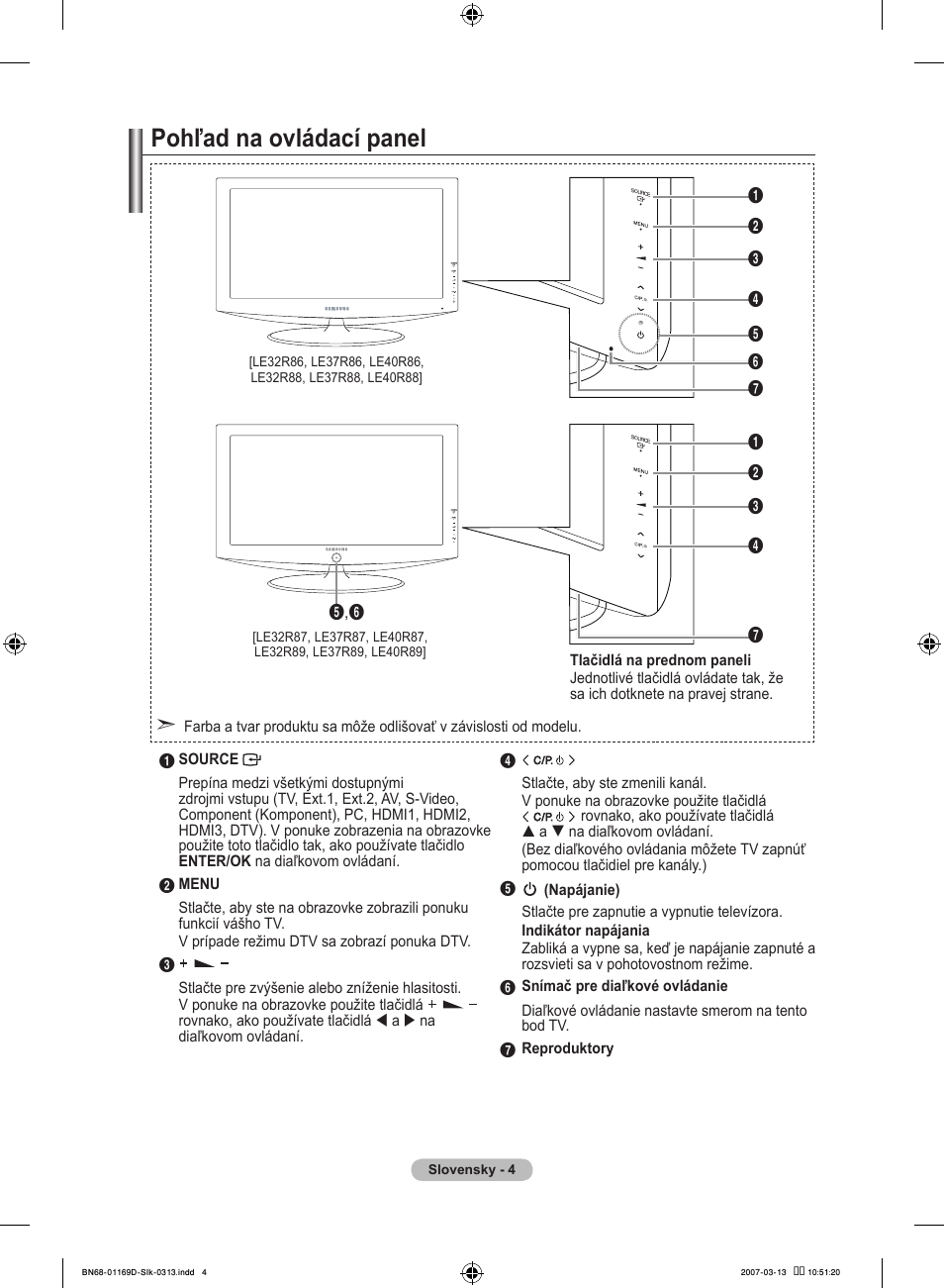 Pohľad na ovládací panel | Samsung LE40R88BD User Manual | Page 440 / 560