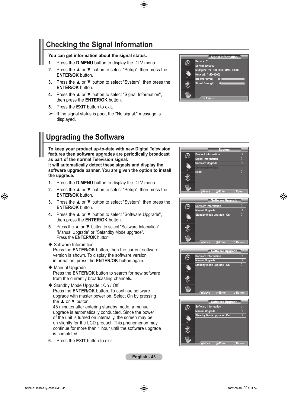 Checking the signal information, Upgrading the software | Samsung LE40R88BD User Manual | Page 45 / 560
