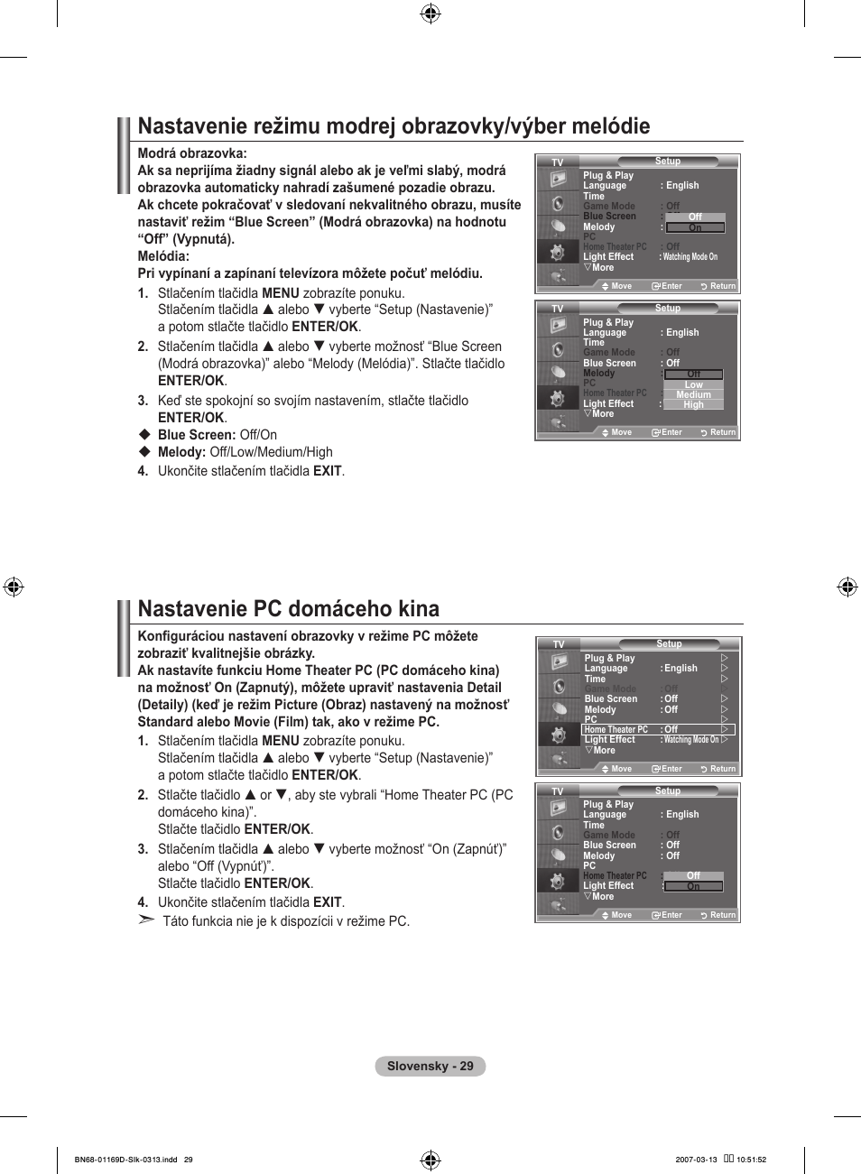 Nastavenie režimu modrej obrazovky/výber melódie, Nastavenie pc domáceho kina | Samsung LE40R88BD User Manual | Page 465 / 560