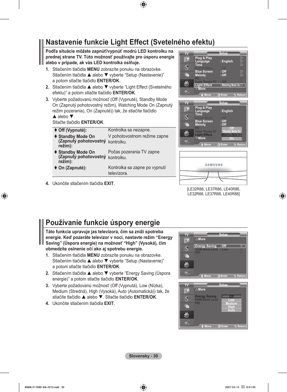 Používanie funkcie úspory energie | Samsung LE40R88BD User Manual | Page 466 / 560