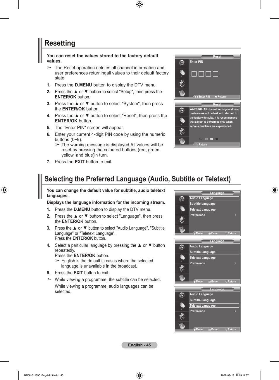 Resetting | Samsung LE40R88BD User Manual | Page 47 / 560