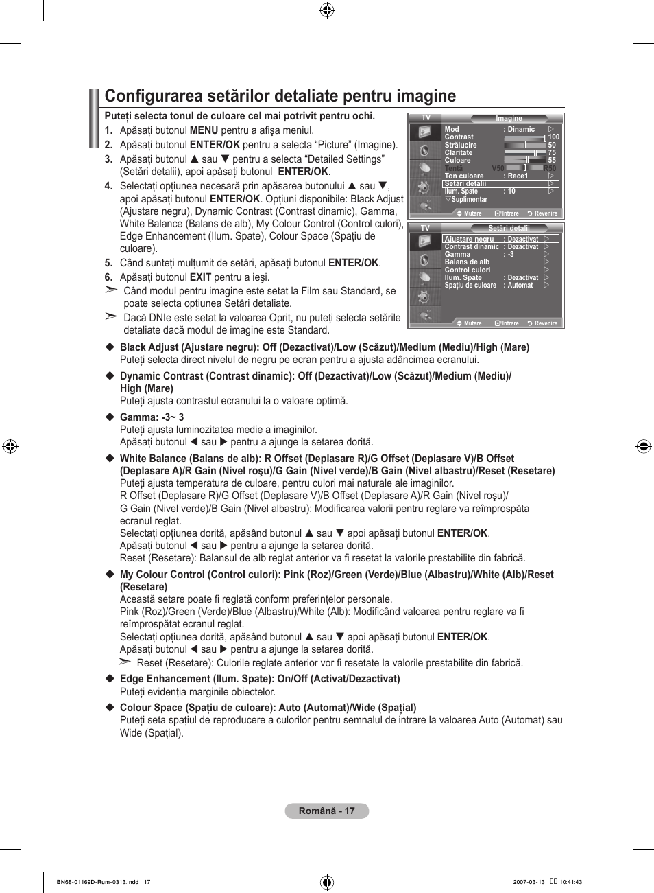 Configurarea setărilor detaliate pentru imagine | Samsung LE40R88BD User Manual | Page 515 / 560