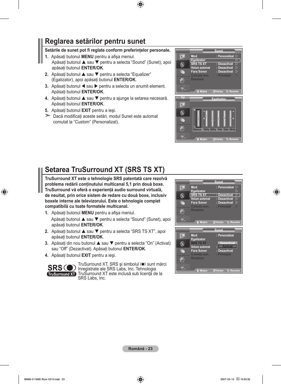 Reglarea setărilor pentru sunet, Setarea trusurround xt (srs ts xt) | Samsung LE40R88BD User Manual | Page 521 / 560