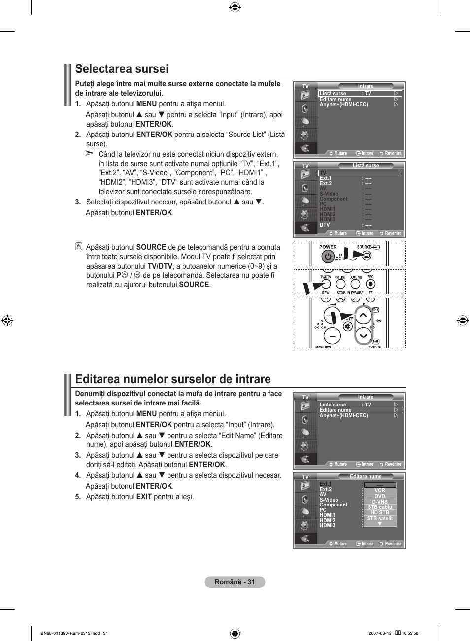 Selectarea sursei, Editarea numelor surselor de intrare | Samsung LE40R88BD User Manual | Page 529 / 560