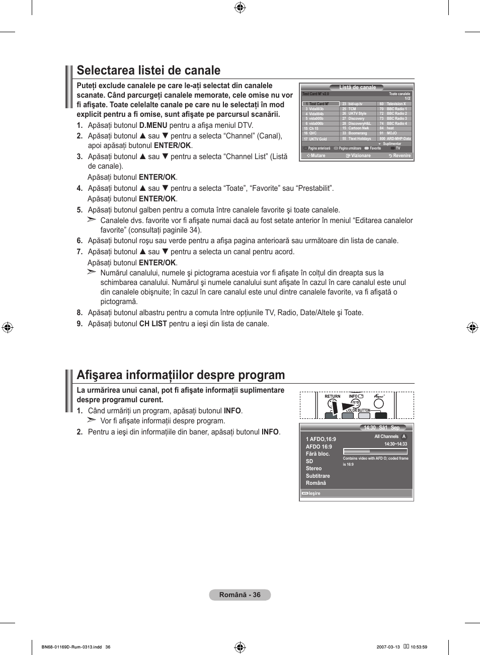 Selectarea listei de canale, Afişarea informaţiilor despre program | Samsung LE40R88BD User Manual | Page 534 / 560