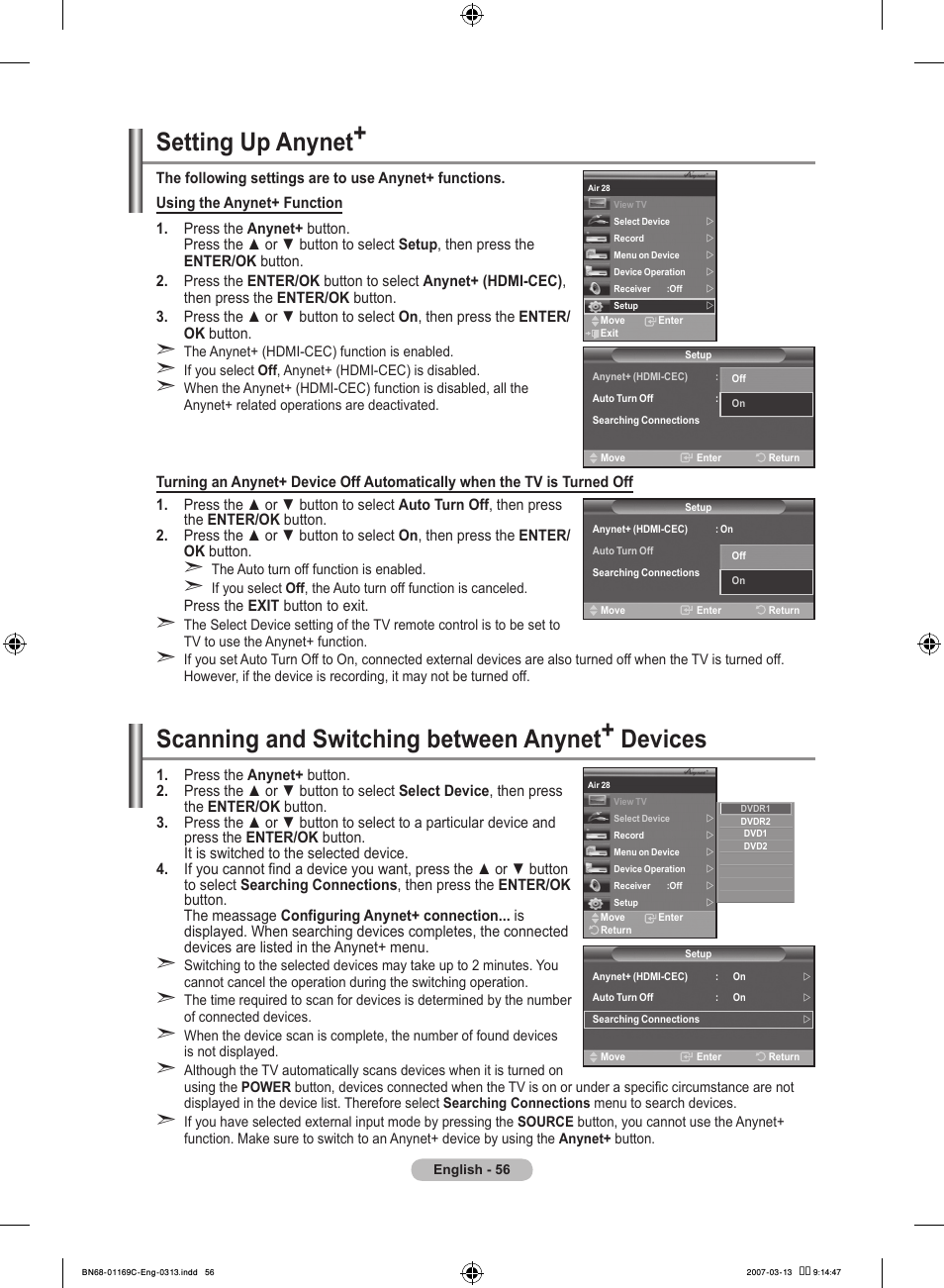 Setting up anynet, Scanning and switching between anynet+ devices | Samsung LE40R88BD User Manual | Page 58 / 560