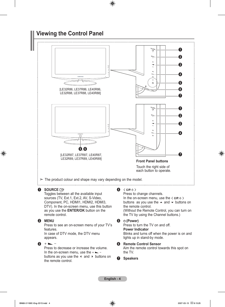 Viewing the control panel | Samsung LE40R88BD User Manual | Page 6 / 560