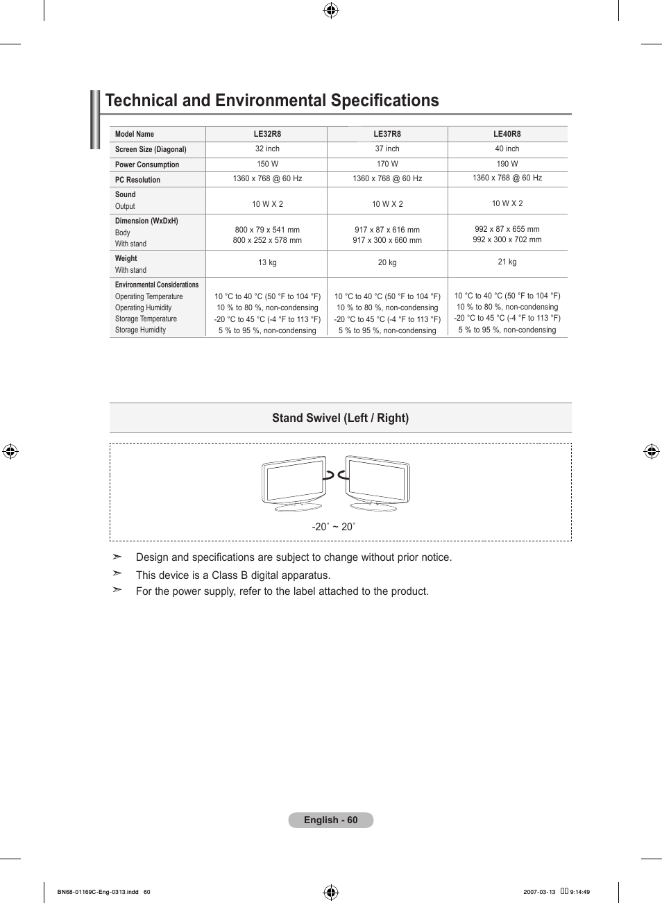 Technical and environmental specifications, Stand swivel (left / right) | Samsung LE40R88BD User Manual | Page 62 / 560