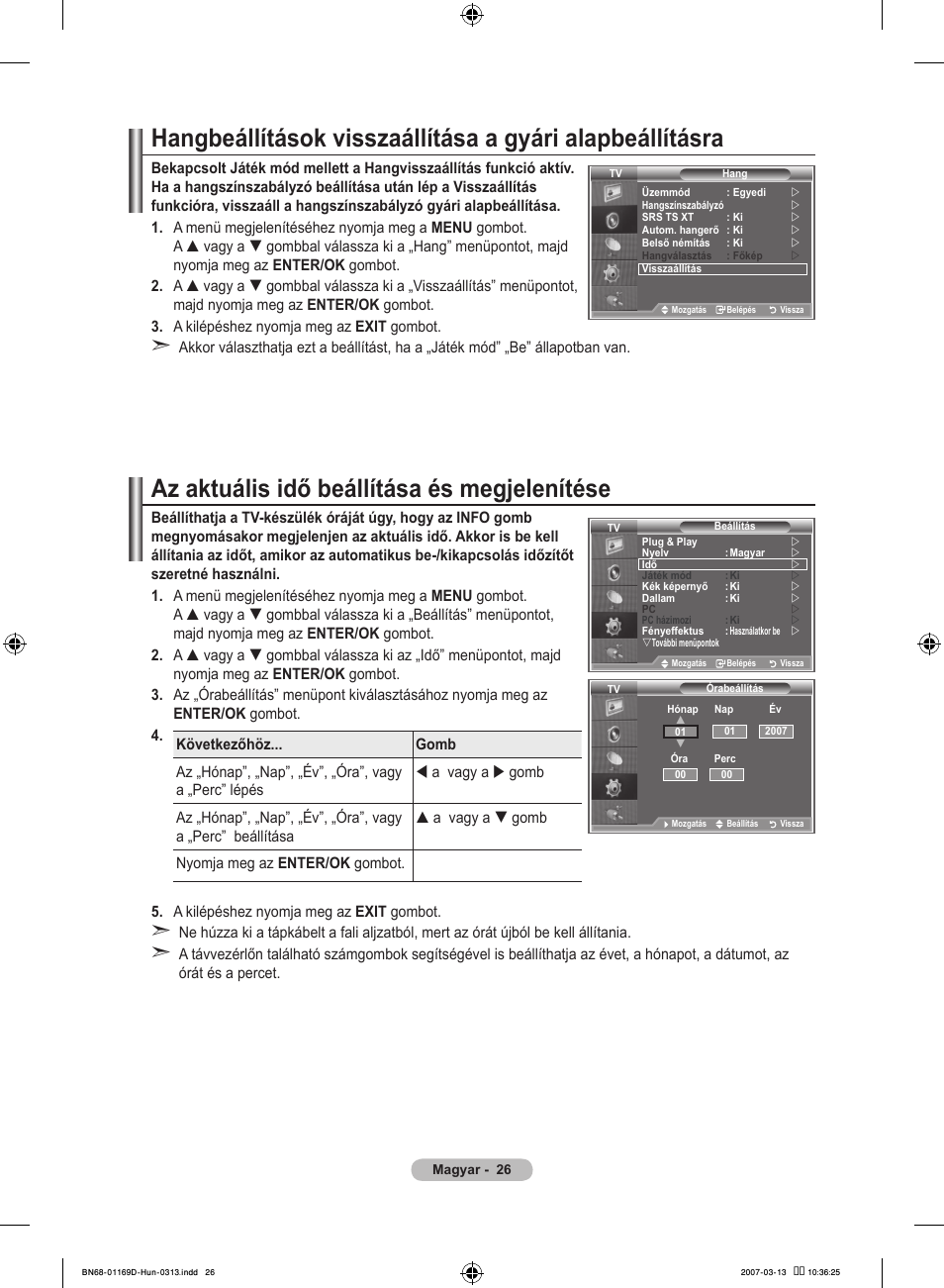 Az aktuális idő beállítása és megjelenítése | Samsung LE40R88BD User Manual | Page 90 / 560