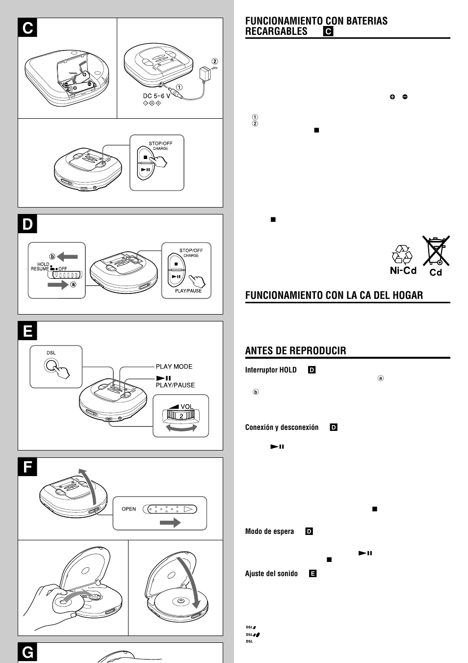 De f, Funcionamiento con baterias recargables → c, Funcionamiento con la ca del hogar | Antes de reproducir | Aiwa XP-R207 User Manual | Page 11 / 24