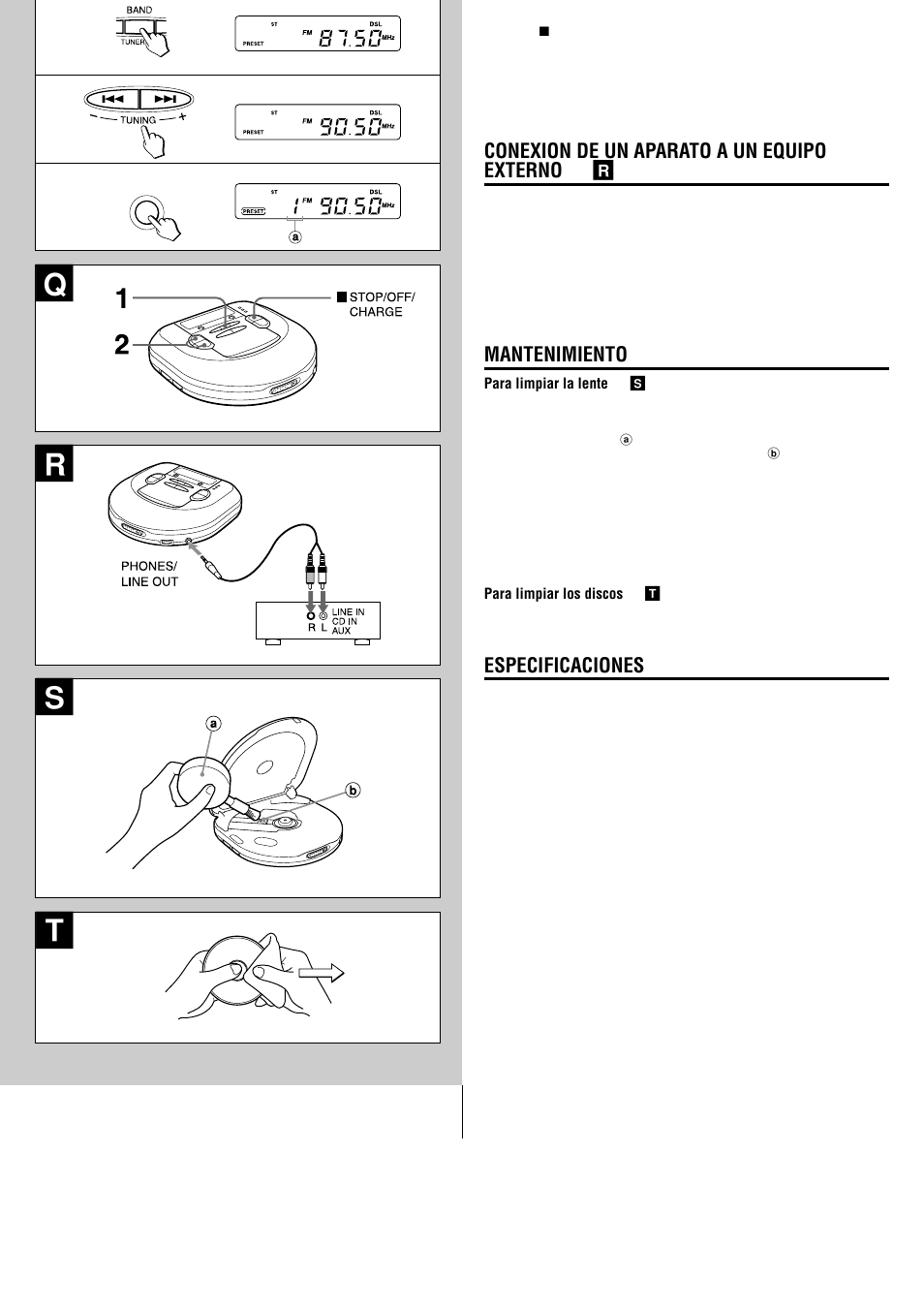 Rs t, Conexion de un aparato a un equipo externo → r, Mantenimiento | Especificaciones, Xp-r207 (au) s page 2 | Aiwa XP-R207 User Manual | Page 16 / 24