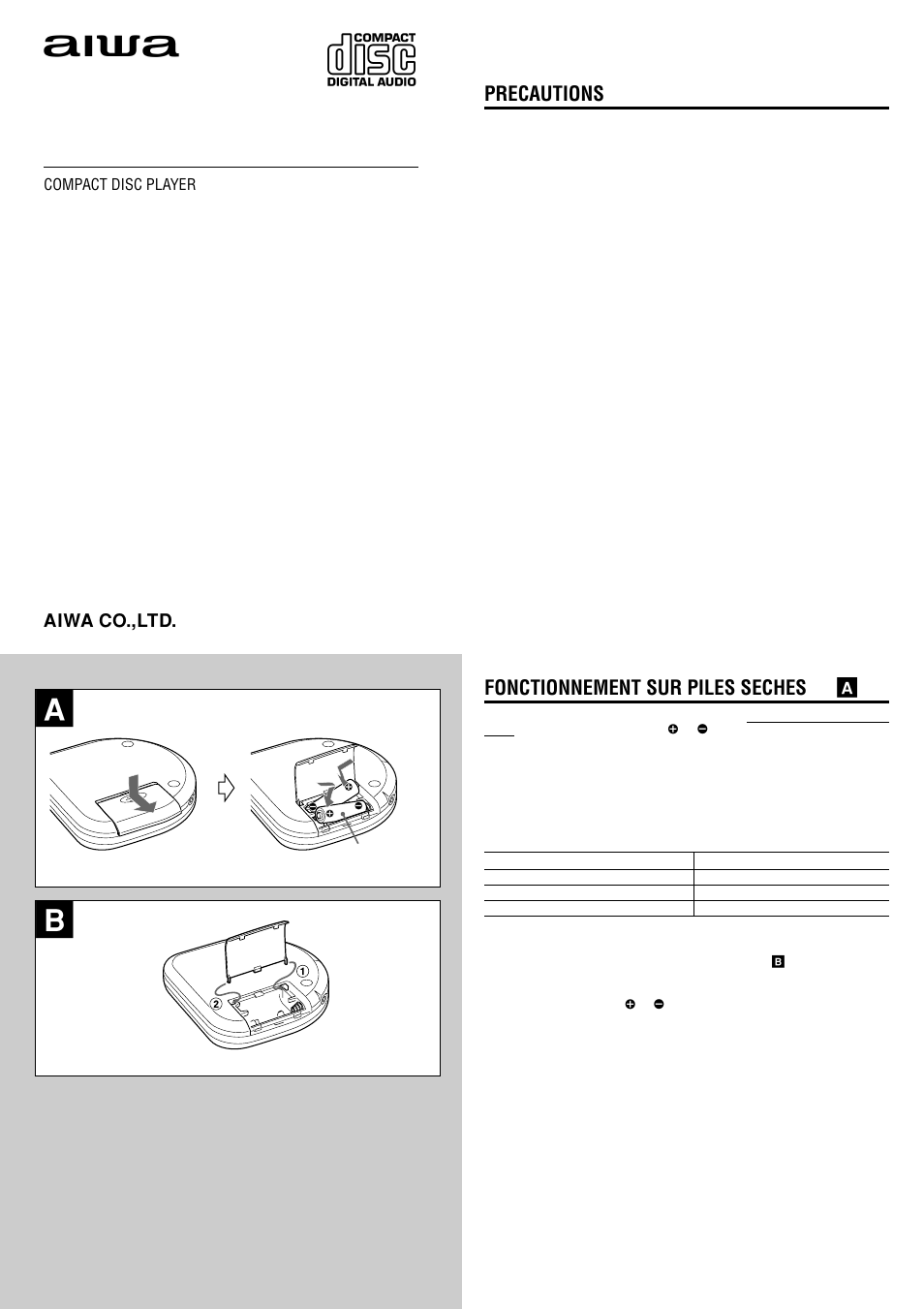 Xp-r207, Precautions, Fonctionnement sur piles seches → a | Aiwa XP-R207 User Manual | Page 17 / 24
