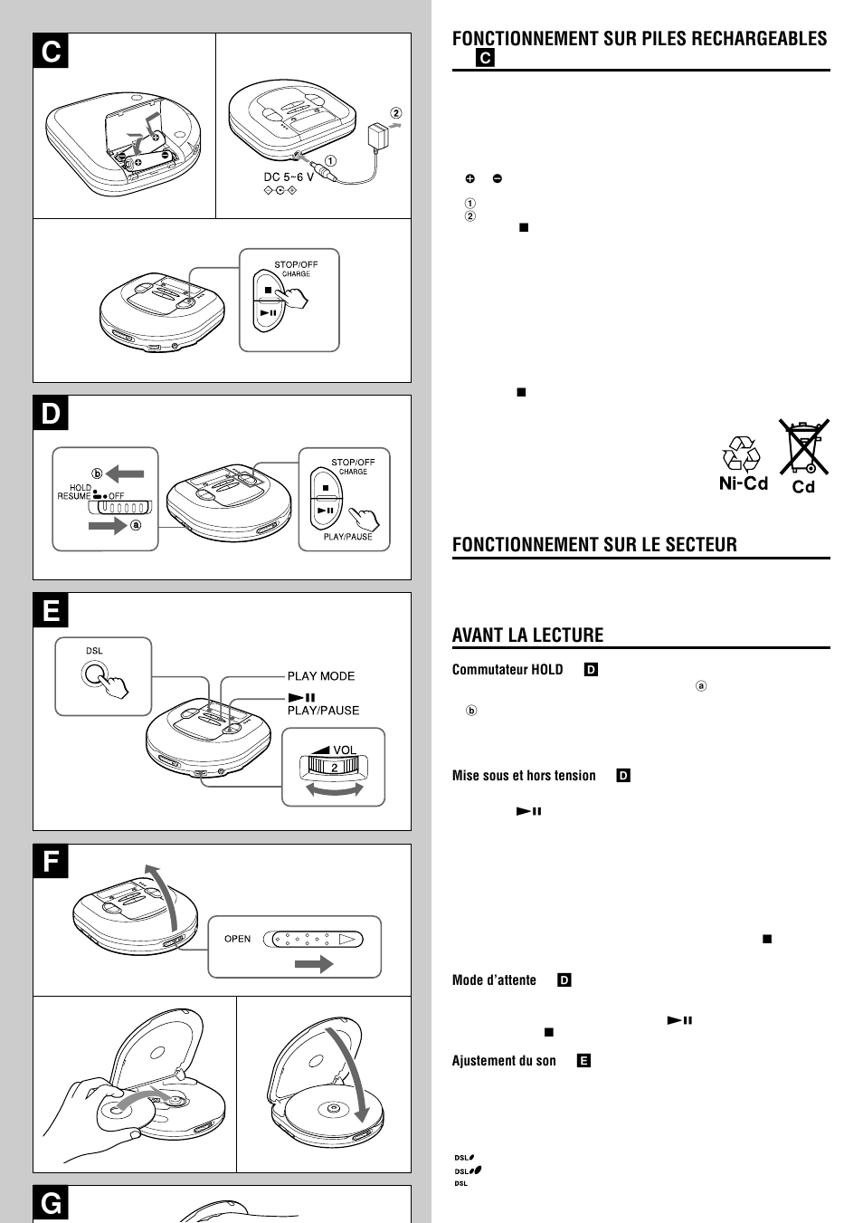 De f, Fonctionnement sur piles rechargeables → c, Fonctionnement sur le secteur | Avant la lecture | Aiwa XP-R207 User Manual | Page 19 / 24