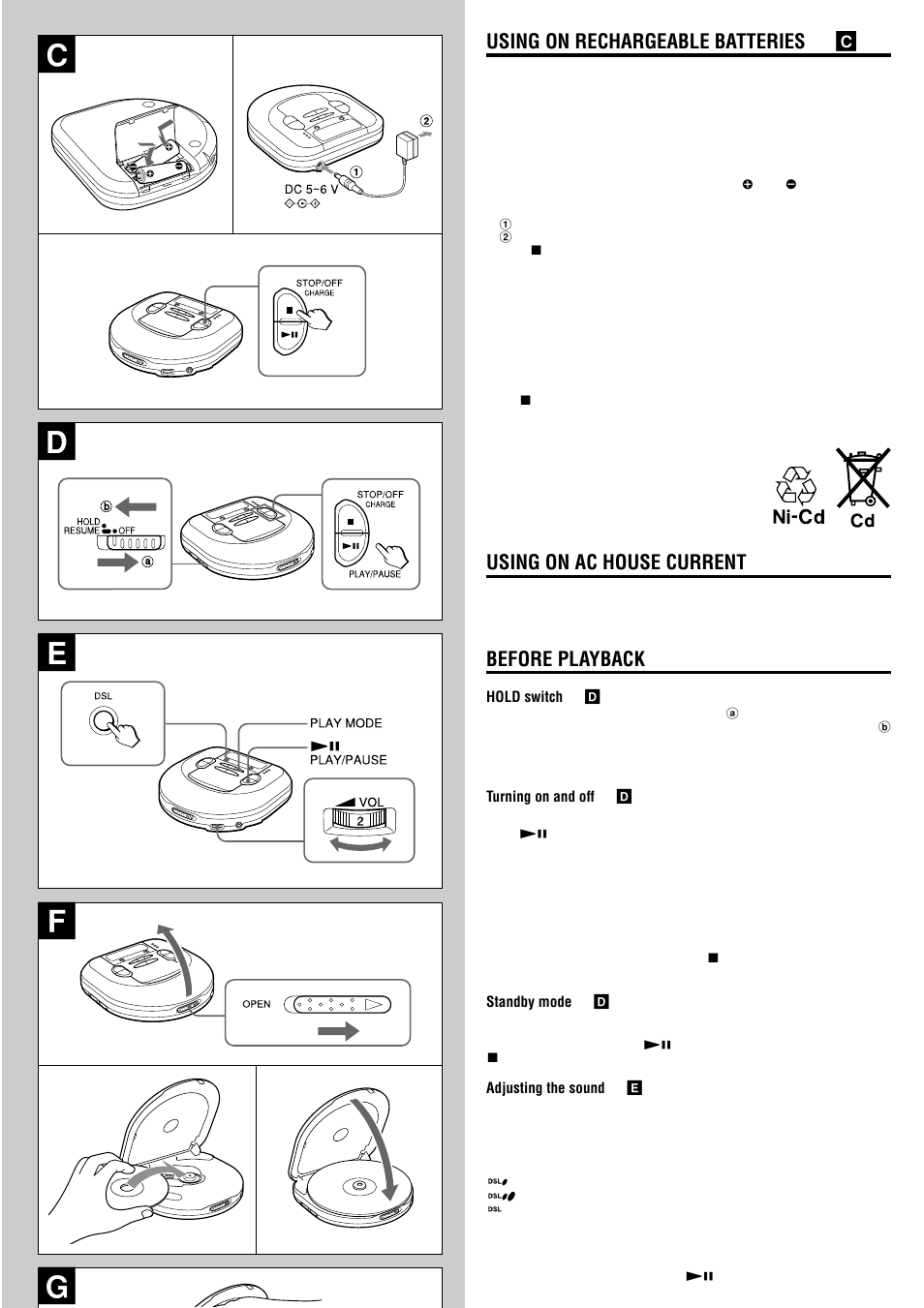 De f, Using on rechargeable batteries → c, Using on ac house current | Before playback | Aiwa XP-R207 User Manual | Page 3 / 24