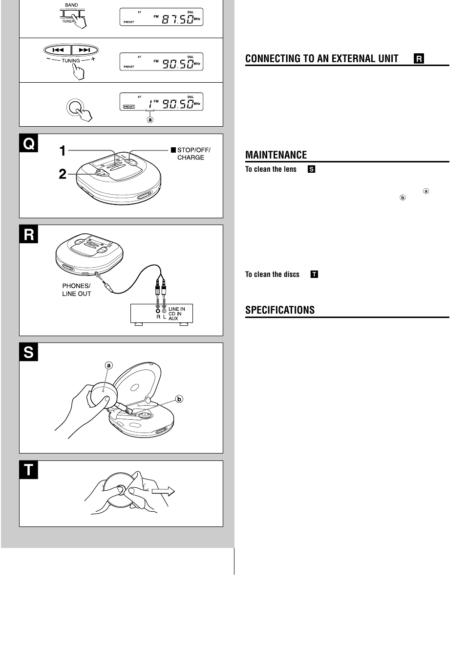 Rs t, Connecting to an external unit → r, Maintenance | Specifications, Xp-r207 (au) e page 2 | Aiwa XP-R207 User Manual | Page 8 / 24