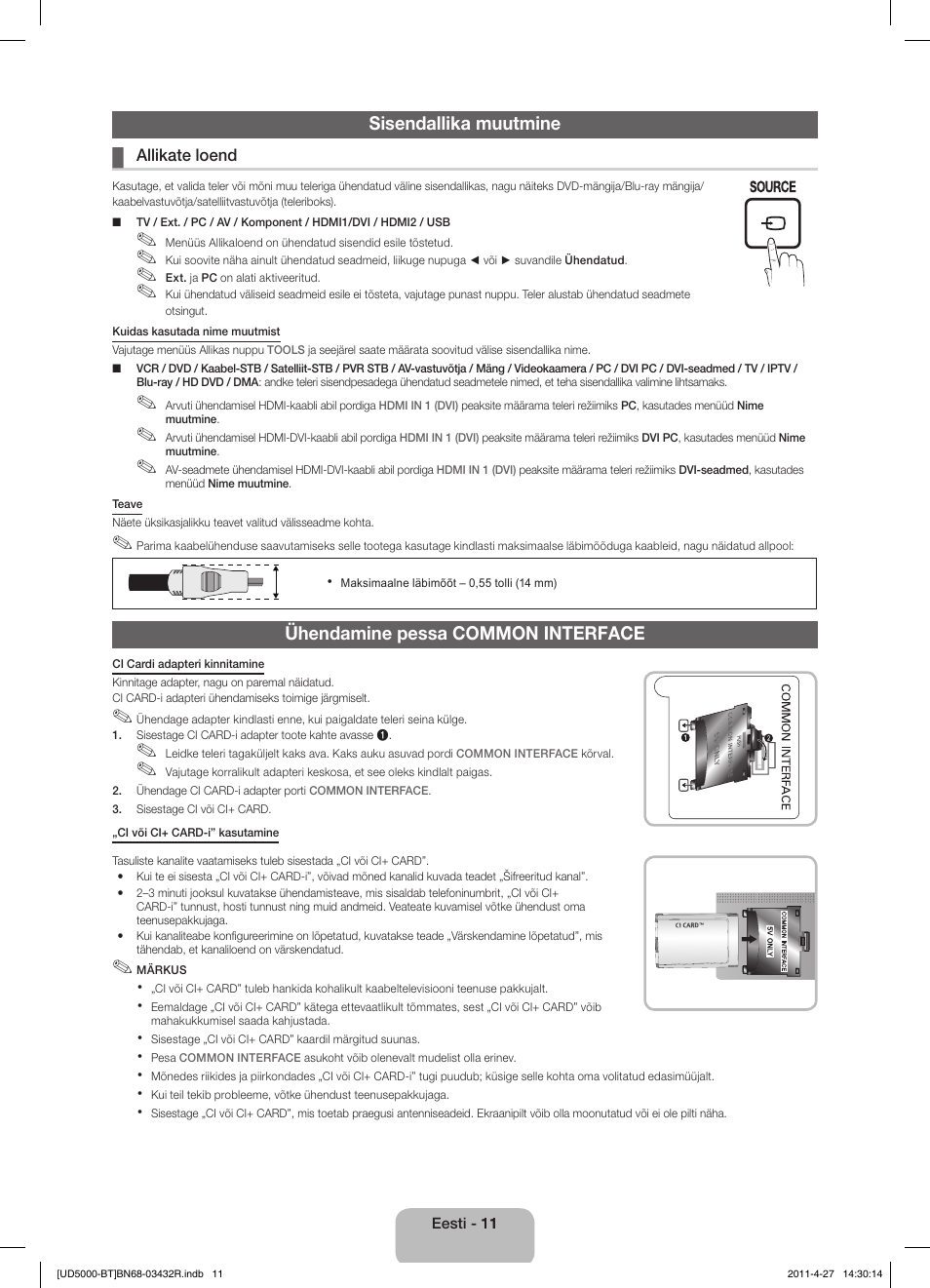 Sisendallika muutmine, Ühendamine pessa common interface | Samsung UE22D5010NW User Manual | Page 107 / 146