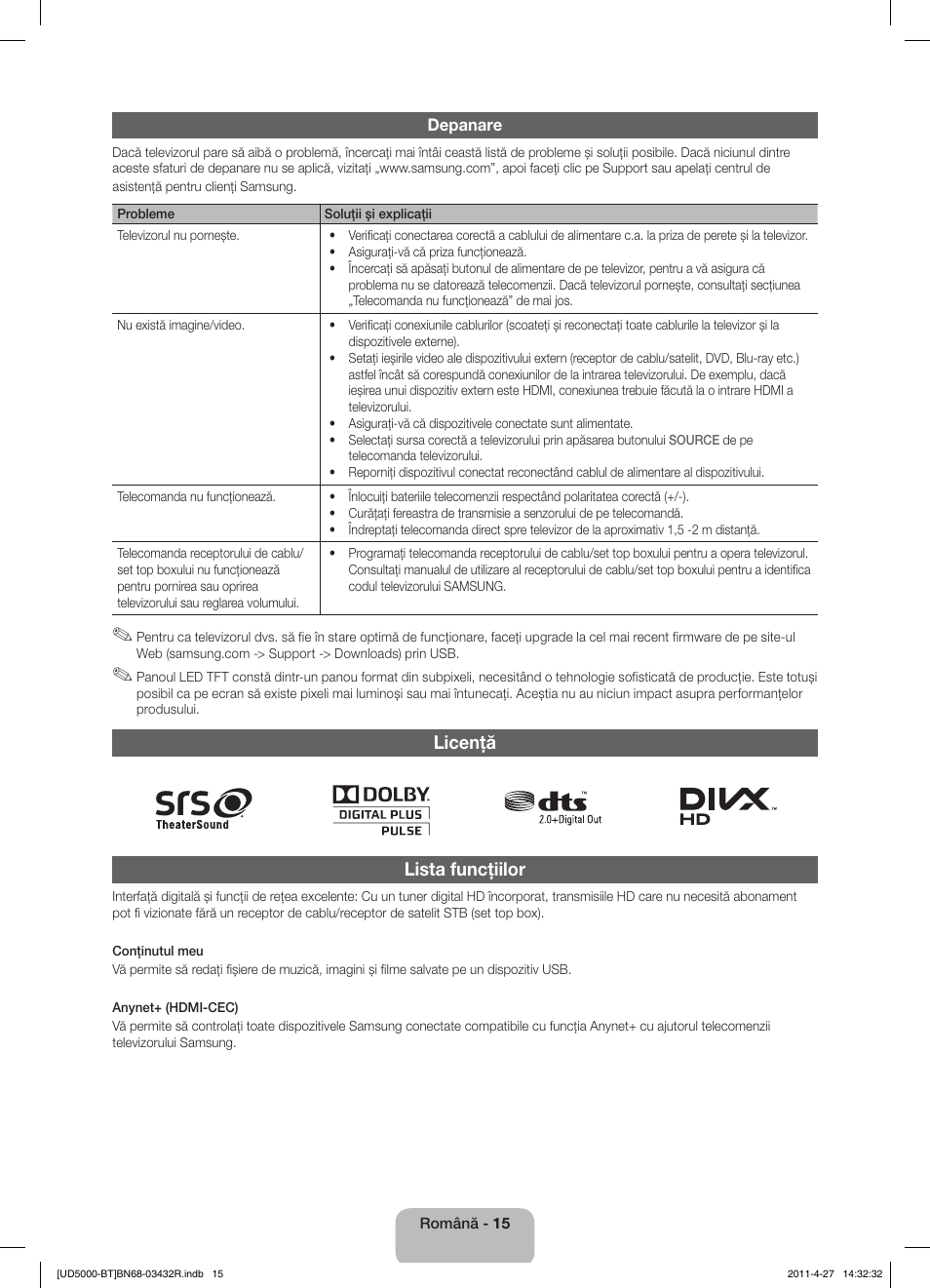 Licenţă lista funcţiilor | Samsung UE22D5010NW User Manual | Page 127 / 146