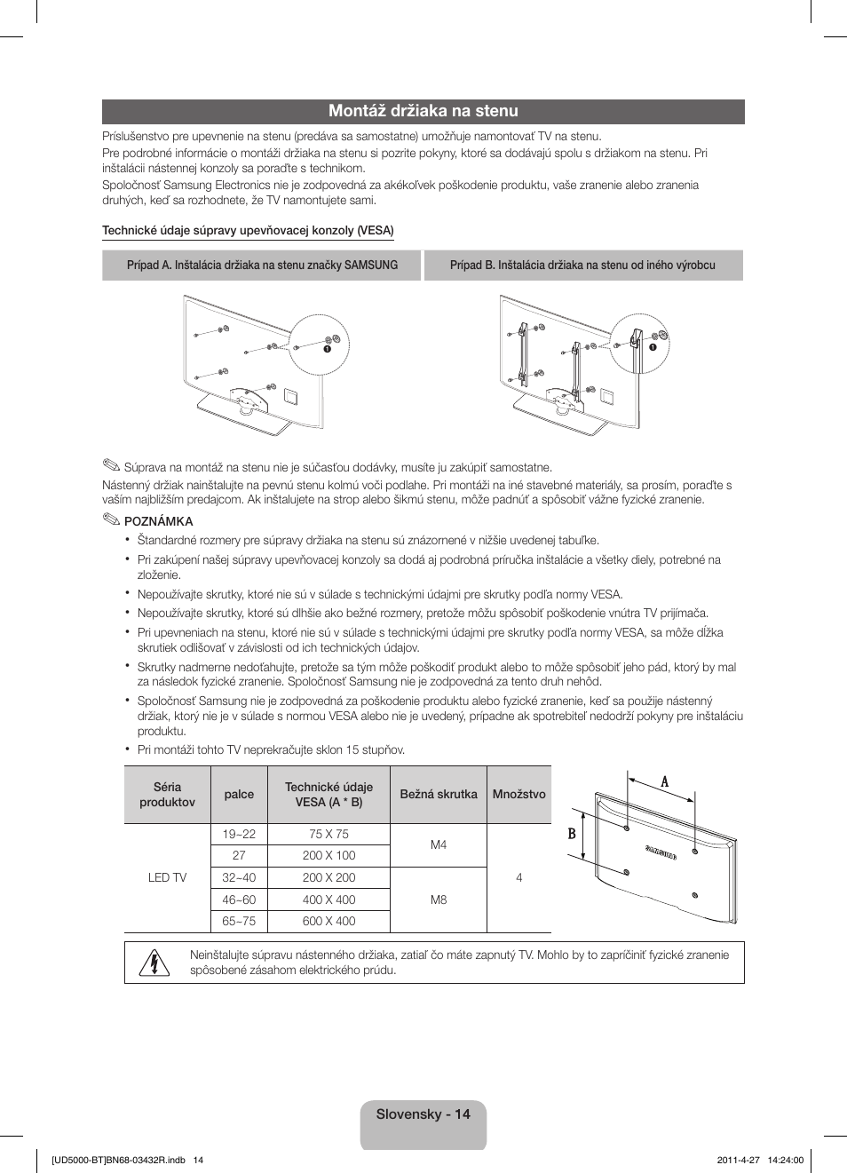 Montáž držiaka na stenu | Samsung UE22D5010NW User Manual | Page 46 / 146