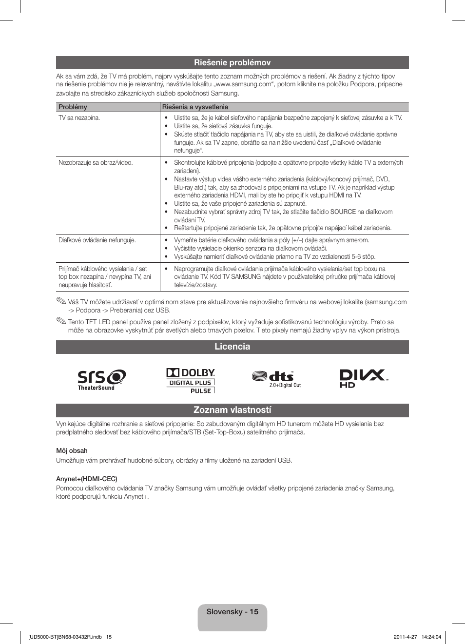 Licencia zoznam vlastností | Samsung UE22D5010NW User Manual | Page 47 / 146