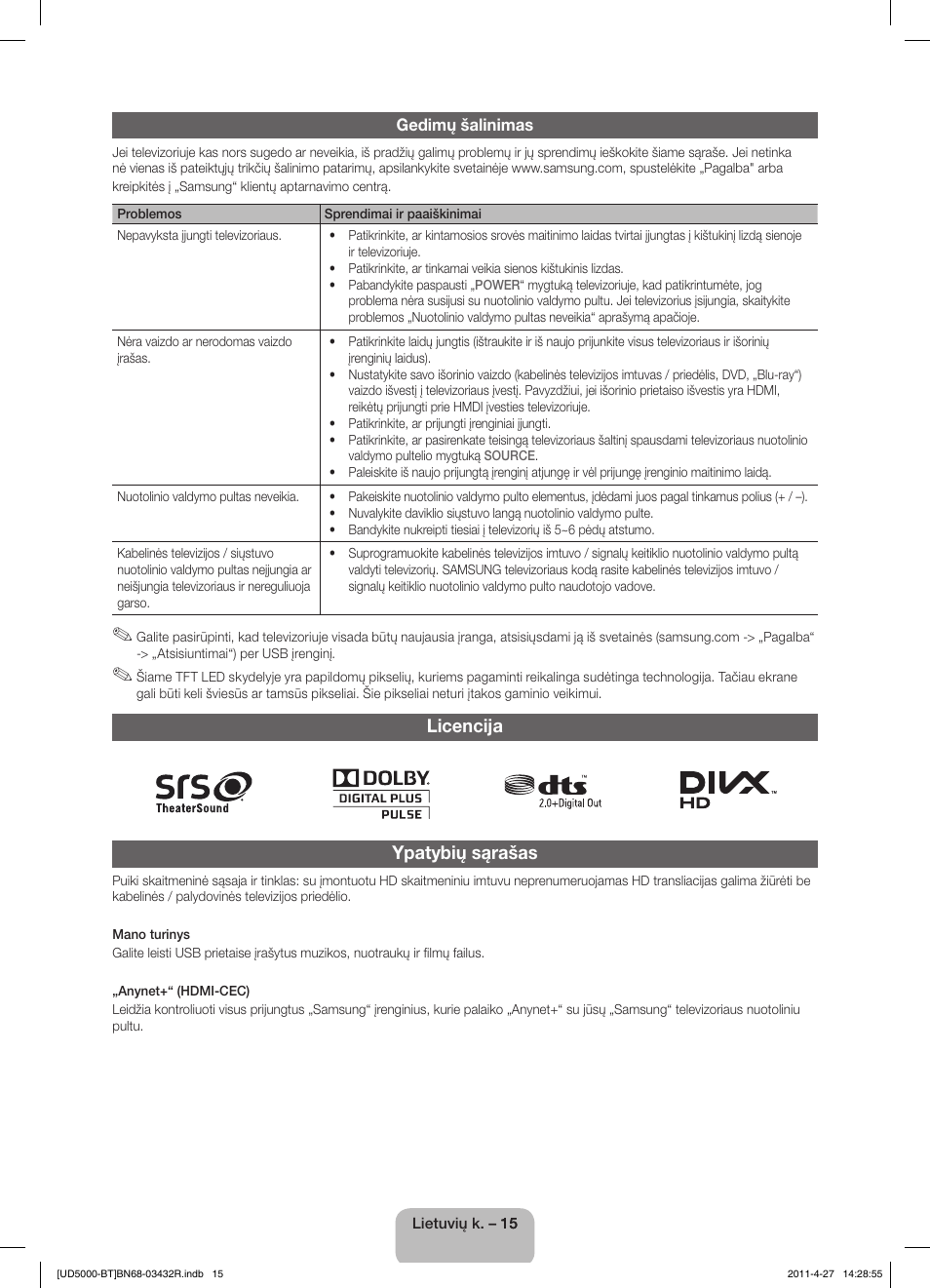 Licencija ypatybių sąrašas | Samsung UE22D5010NW User Manual | Page 95 / 146