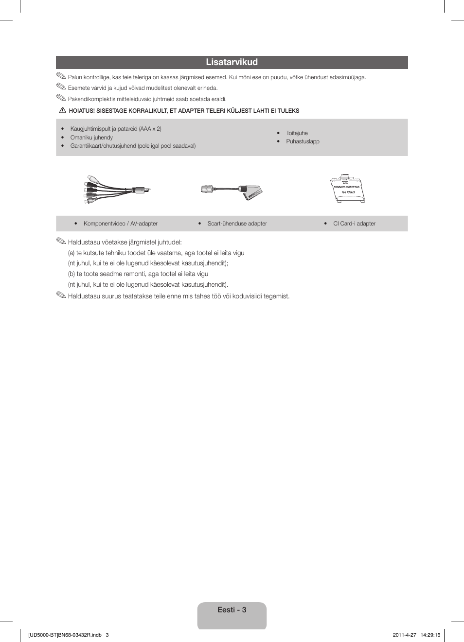 Lisatarvikud | Samsung UE22D5010NW User Manual | Page 99 / 146
