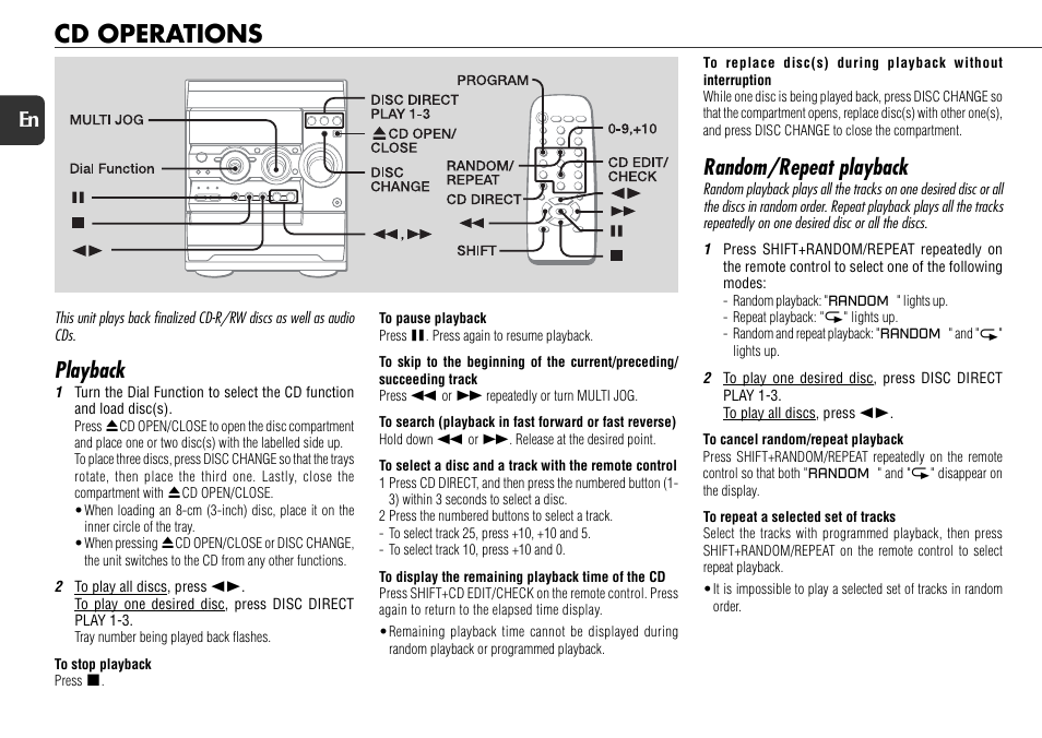 Cd operations, Playback, Random/repeat playback | 10 en | Aiwa NSX-R71 User Manual | Page 10 / 24