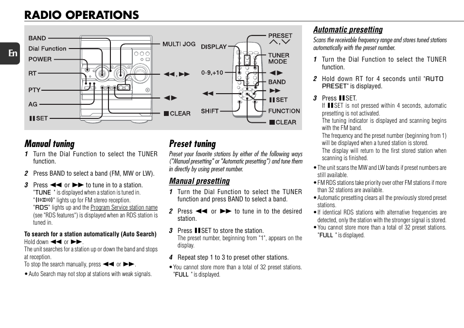 Radio operations, Manual tuning, Preset tuning | 12 en | Aiwa NSX-R71 User Manual | Page 12 / 24