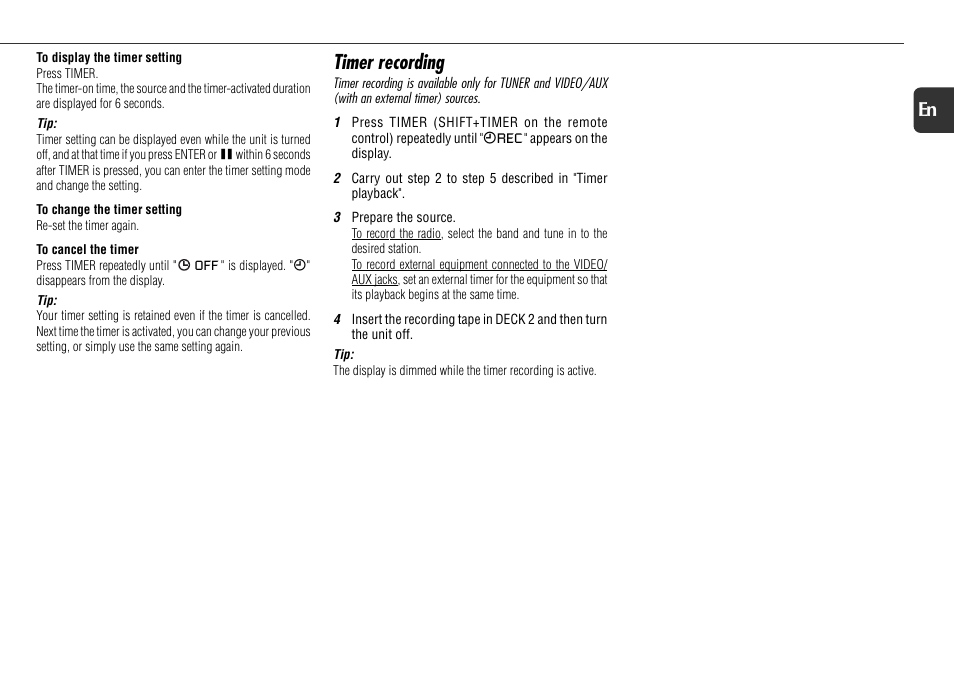 Timer recording, 21 en | Aiwa NSX-R71 User Manual | Page 21 / 24