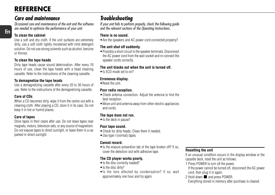 Reference, Care and maintenance, Troubleshooting | 22 en | Aiwa NSX-R71 User Manual | Page 22 / 24