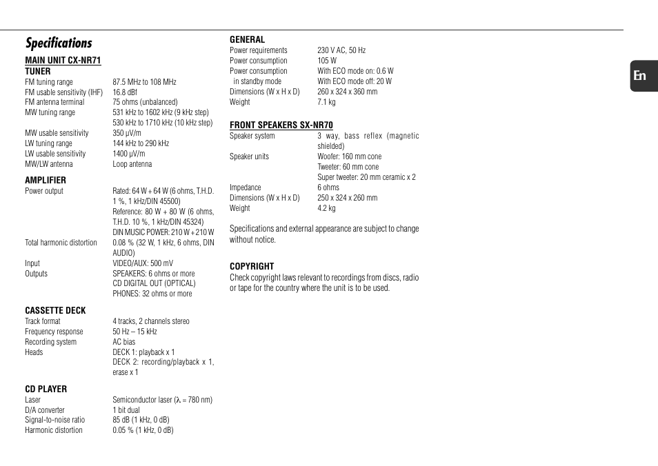 Specifications, 23 en | Aiwa NSX-R71 User Manual | Page 23 / 24