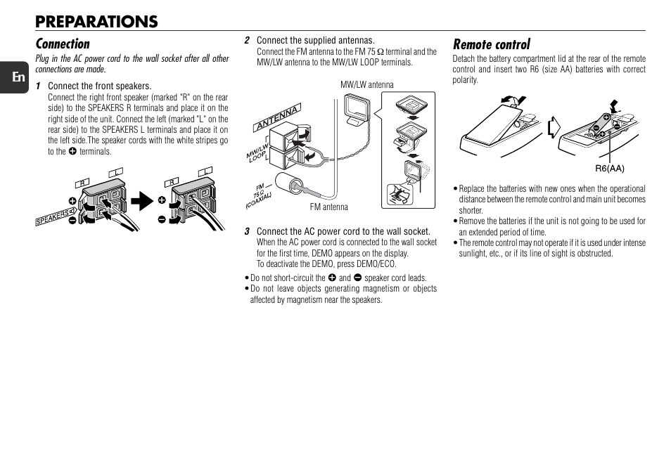 Preparations, Connection, Remote control | Aiwa NSX-R71 User Manual | Page 4 / 24