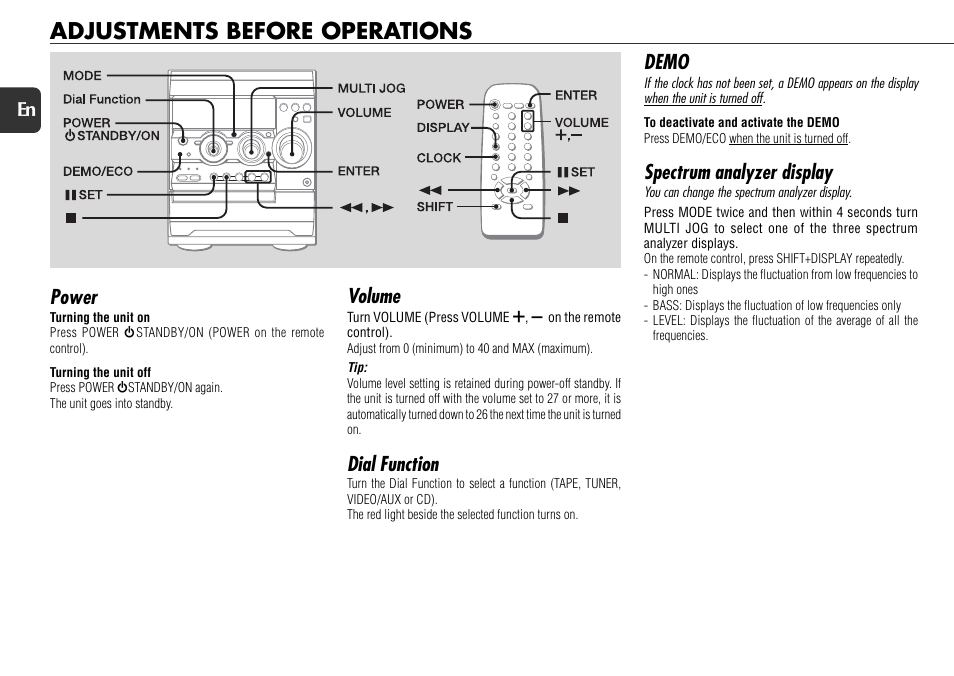 Adjustments before operations, Power, Demo | Spectrum analyzer display, Volume, Dial function | Aiwa NSX-R71 User Manual | Page 8 / 24