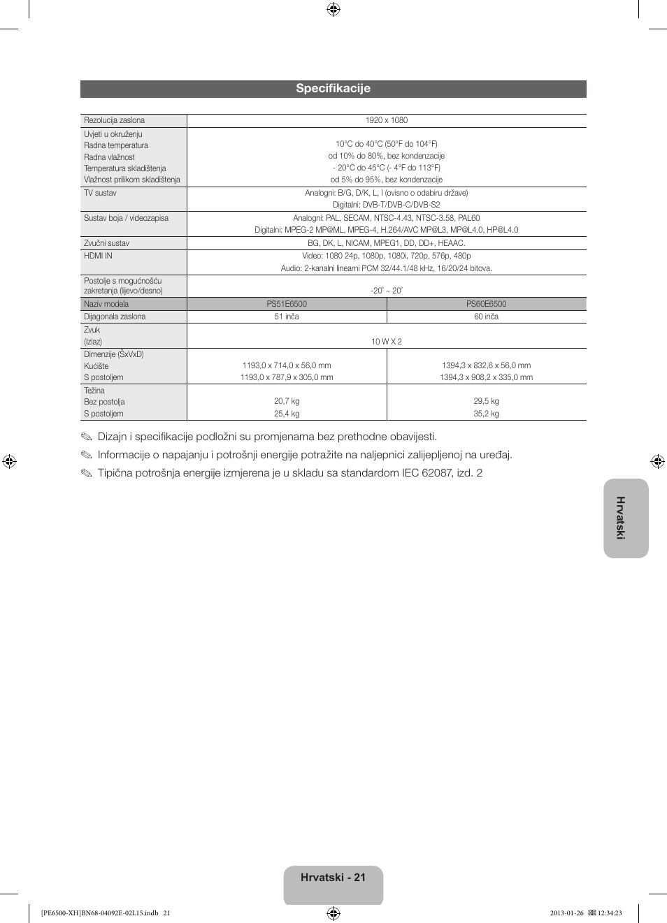 Specifikacije | Samsung PS51E6500ES User Manual | Page 131 / 354