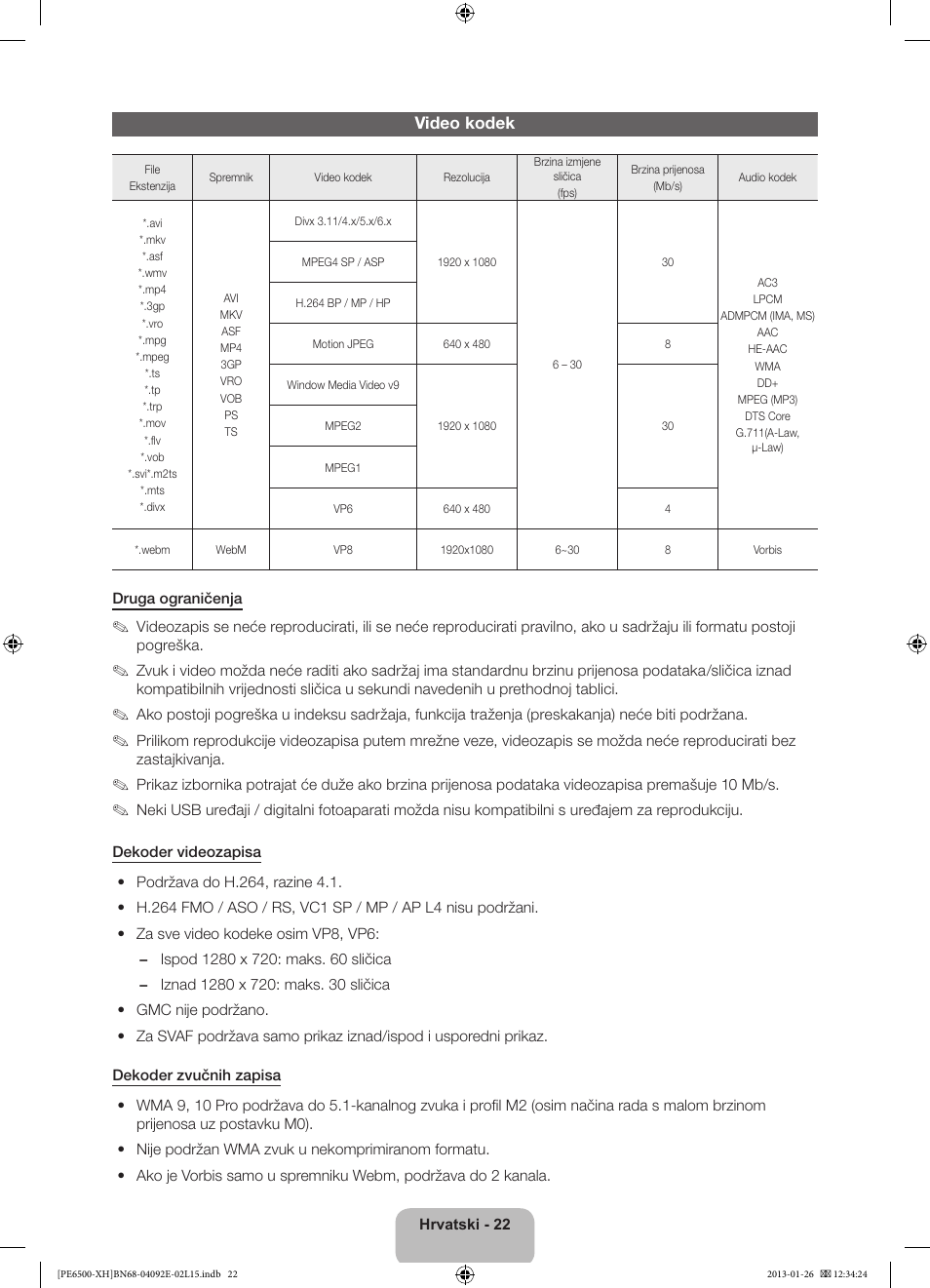 Video kodek | Samsung PS51E6500ES User Manual | Page 132 / 354