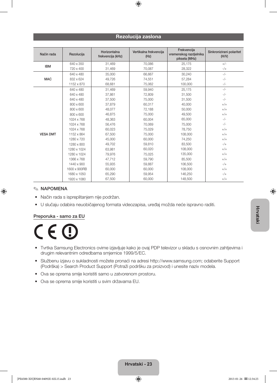 Rezolucija zaslona | Samsung PS51E6500ES User Manual | Page 133 / 354