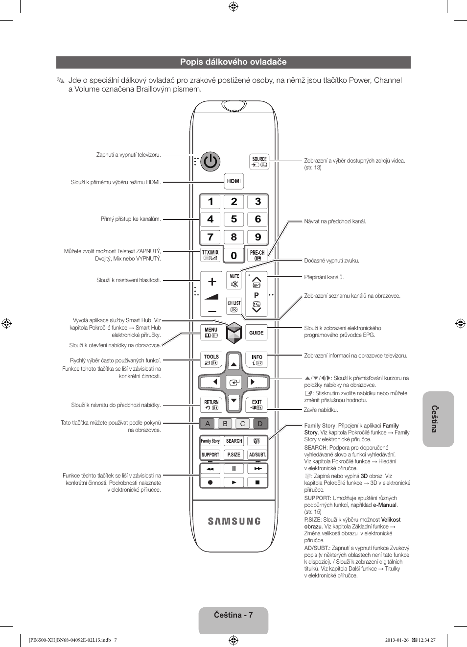 Popis dálkového ovladače | Samsung PS51E6500ES User Manual | Page 139 / 354