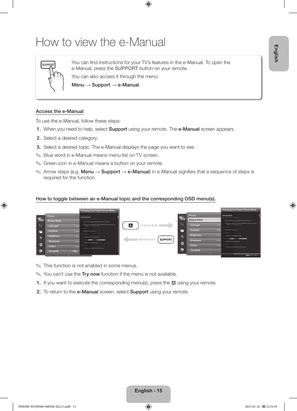 How to view the e-manual, English - 15 english, Blue word in e-manual means menu list on tv screen | This function is not enabled in some menus | Samsung PS51E6500ES User Manual | Page 15 / 354