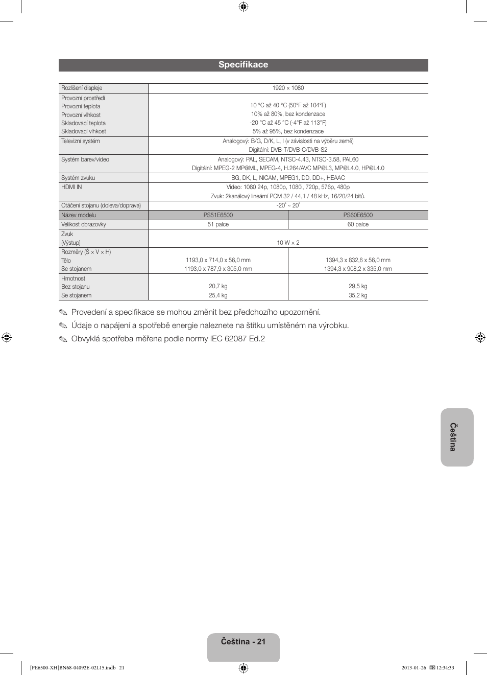 Specifikace | Samsung PS51E6500ES User Manual | Page 153 / 354