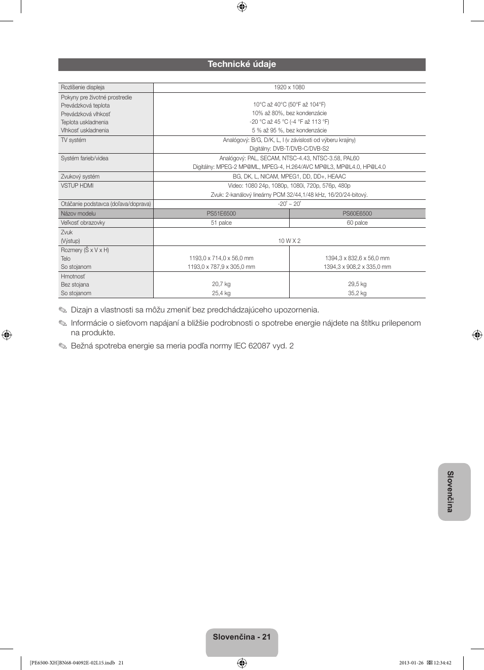 Technické údaje | Samsung PS51E6500ES User Manual | Page 175 / 354