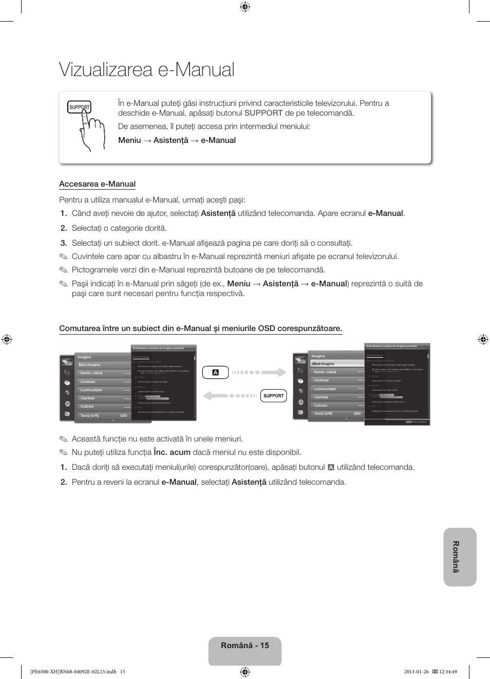 Vizualizarea e-manual, Română - 15 română, Această funcţie nu este activată în unele meniuri | Samsung PS51E6500ES User Manual | Page 191 / 354