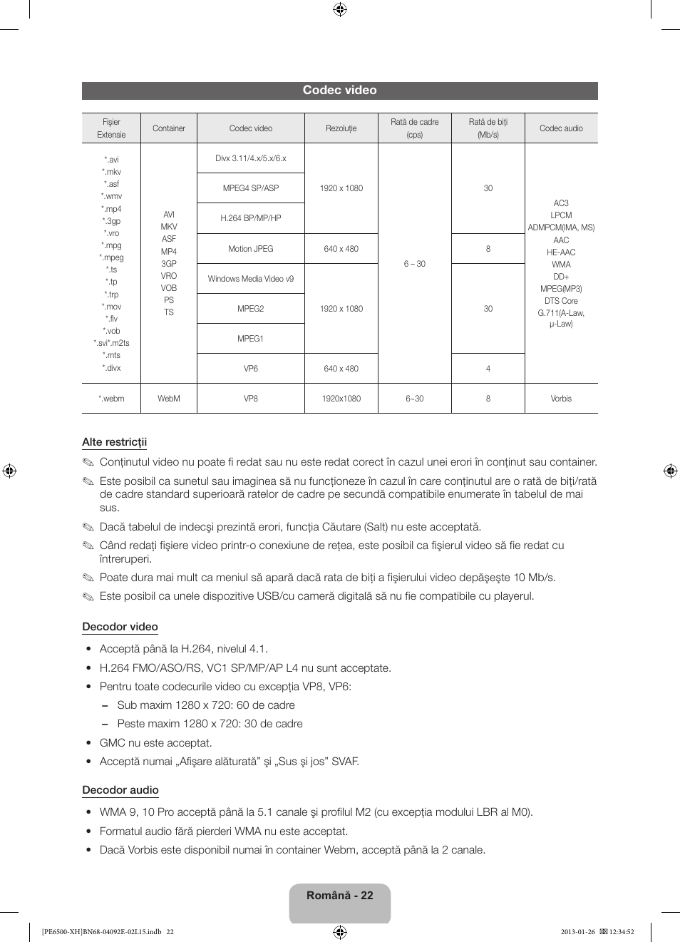 Codec video | Samsung PS51E6500ES User Manual | Page 198 / 354