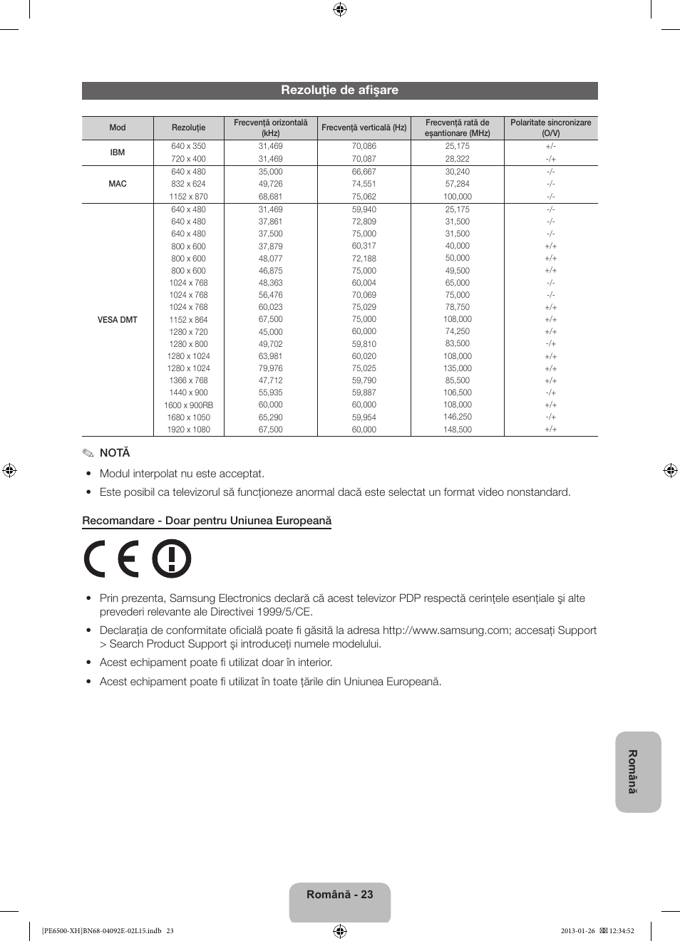 Rezoluţie de afişare | Samsung PS51E6500ES User Manual | Page 199 / 354