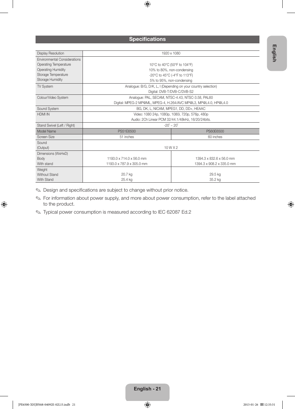 Specifications | Samsung PS51E6500ES User Manual | Page 21 / 354