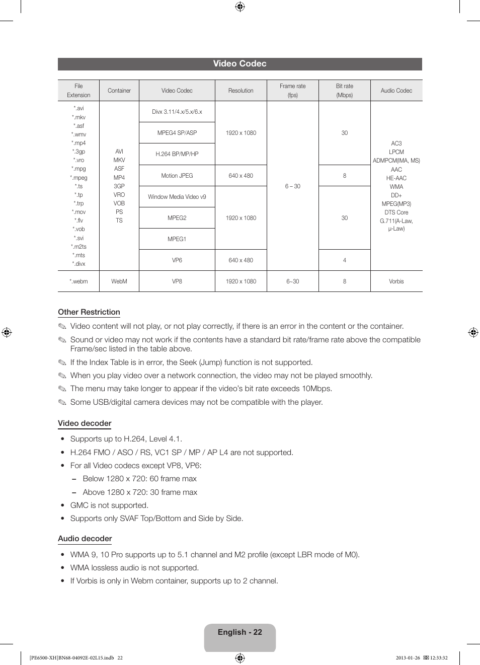 Video codec | Samsung PS51E6500ES User Manual | Page 22 / 354