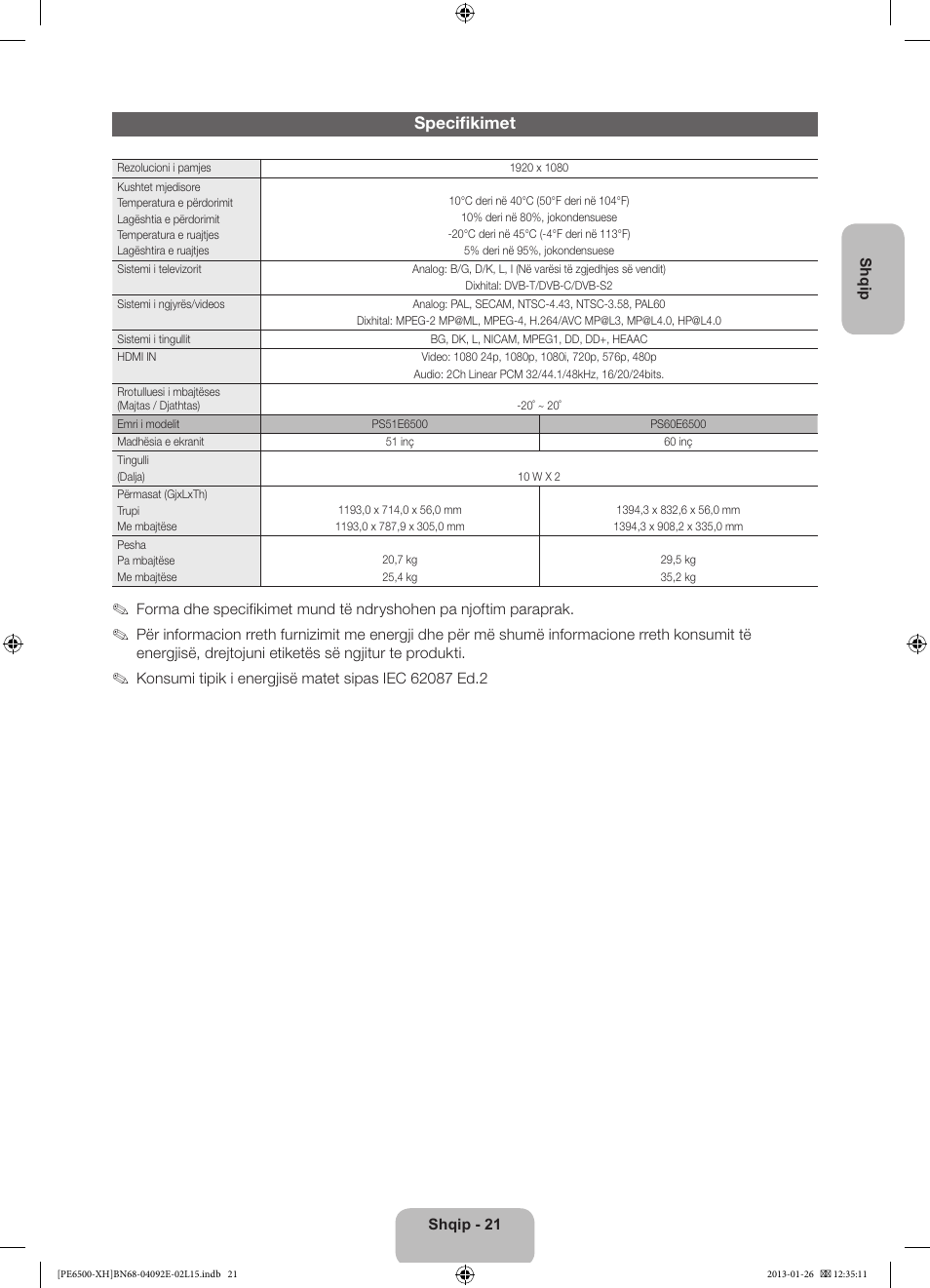 Specifikimet | Samsung PS51E6500ES User Manual | Page 241 / 354