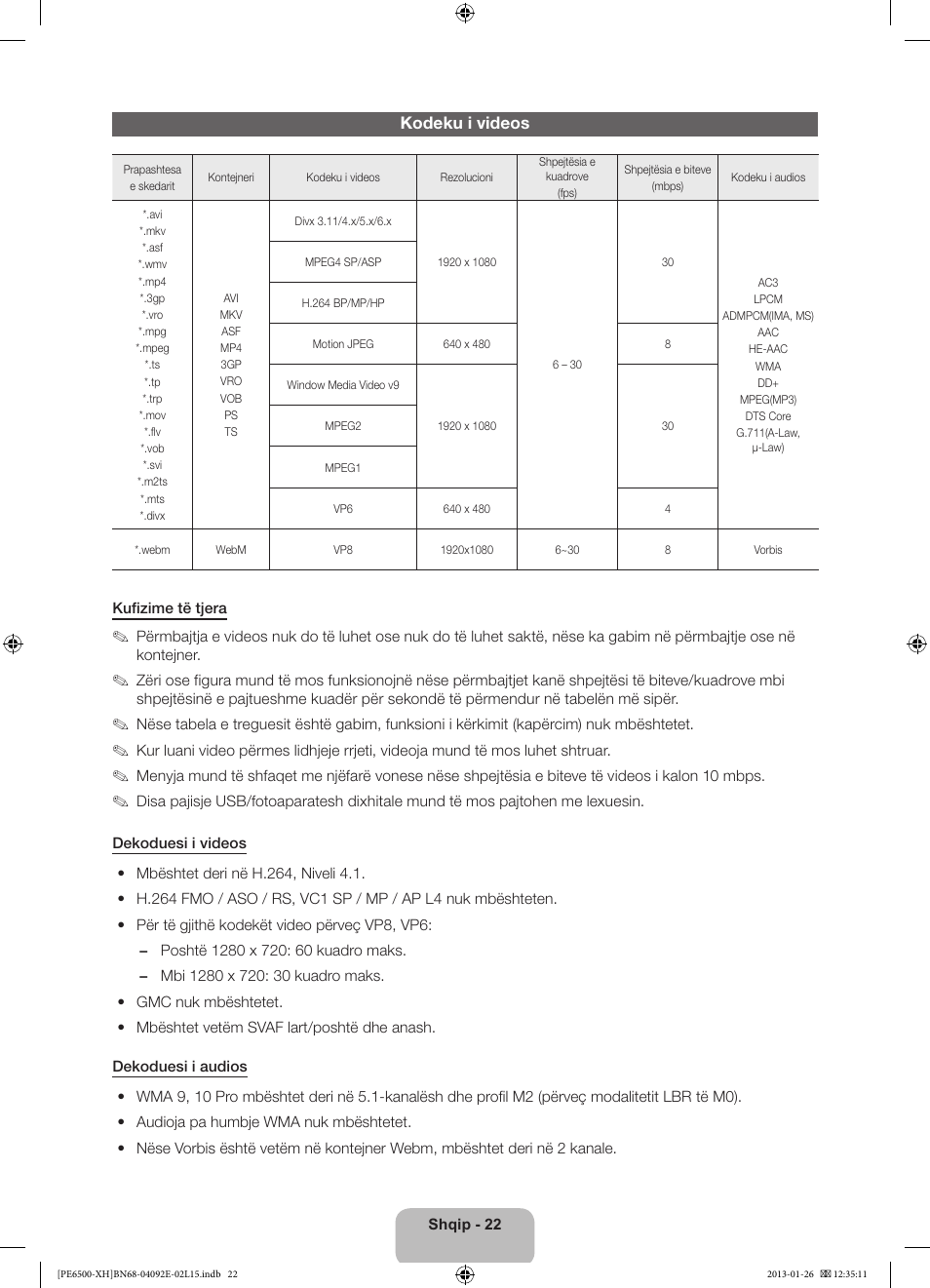 Kodeku i videos | Samsung PS51E6500ES User Manual | Page 242 / 354