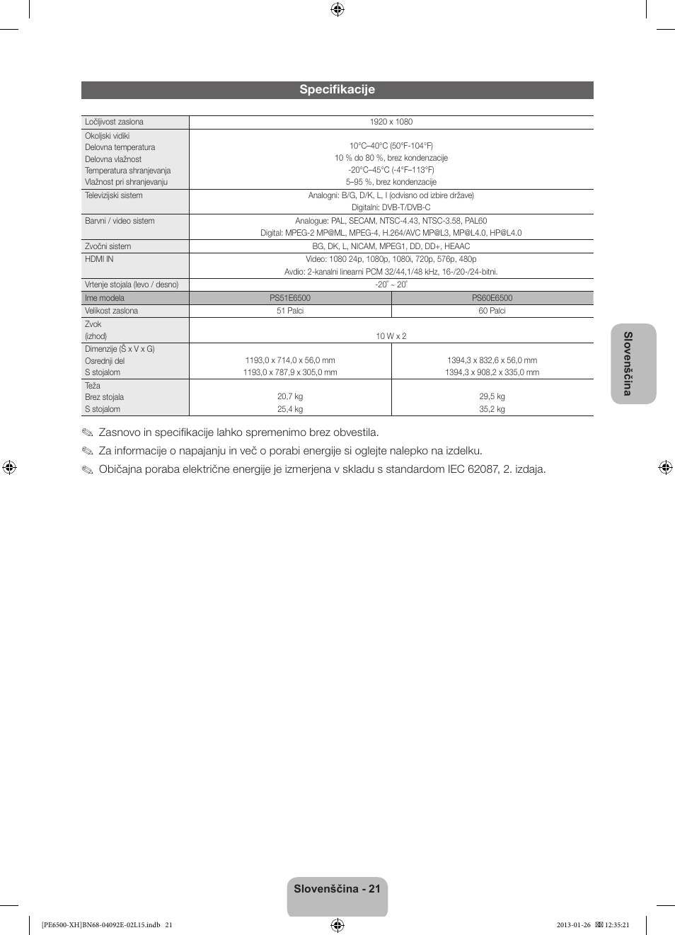 Specifikacije | Samsung PS51E6500ES User Manual | Page 285 / 354