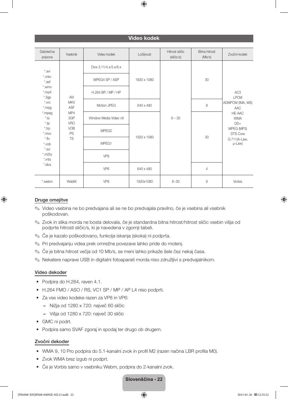 Video kodek | Samsung PS51E6500ES User Manual | Page 286 / 354