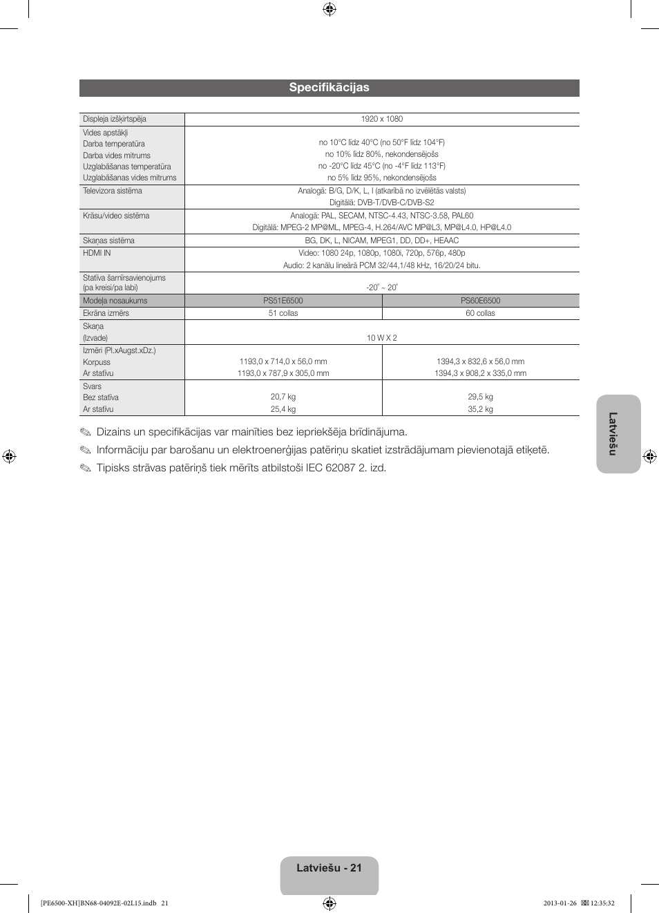 Specifikācijas | Samsung PS51E6500ES User Manual | Page 307 / 354